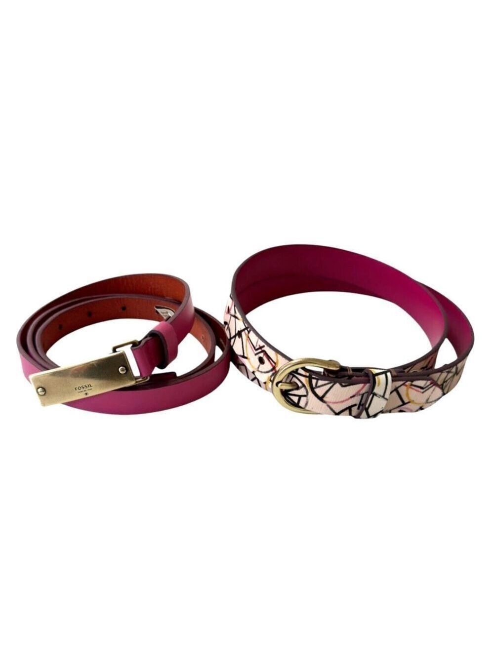 Fossil Solid Pink/Multicolored Geo Print Leather Belt Womens M/ L Y2K Lot of 2